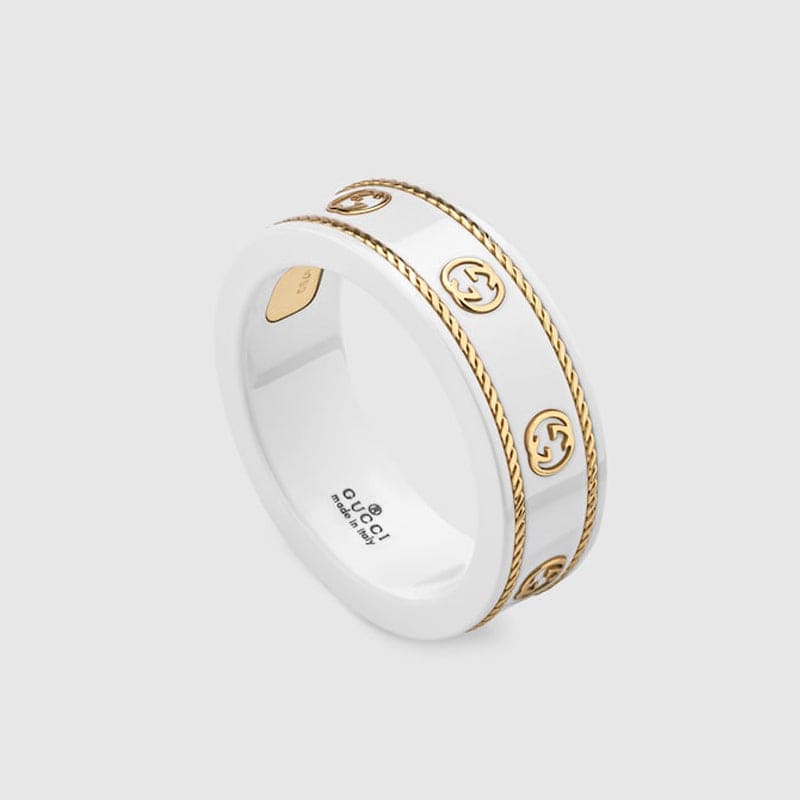 18K Double Gucci Interlocking Gucci Icon White Zirconia Ring