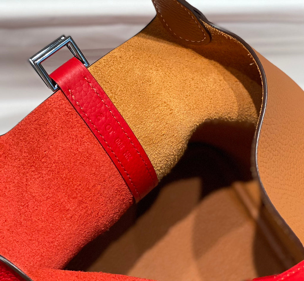 HERMES 25S PICOTIN LOCK 18 IN GOLDEN BROWN AND RED CALFSKIN SILVER HARDWARE