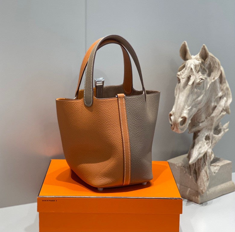 HERMES 25S PICOTIN LOCK 18 IN BROWN AND ORANGE COMBINATION CALFSKIN SILVER HARDWARE