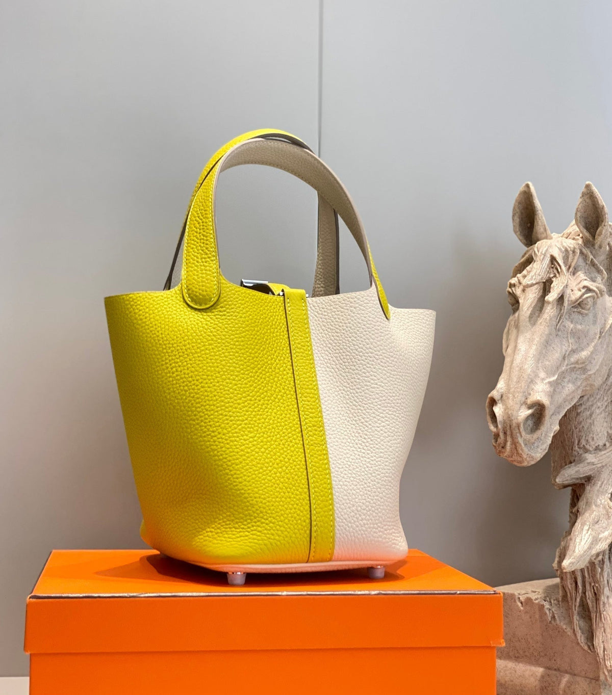 HERMES 25S PICOTIN LOCK 18 IN WHITE AND LEMON YELLOW CALFSKIN SILVER HARDWARE