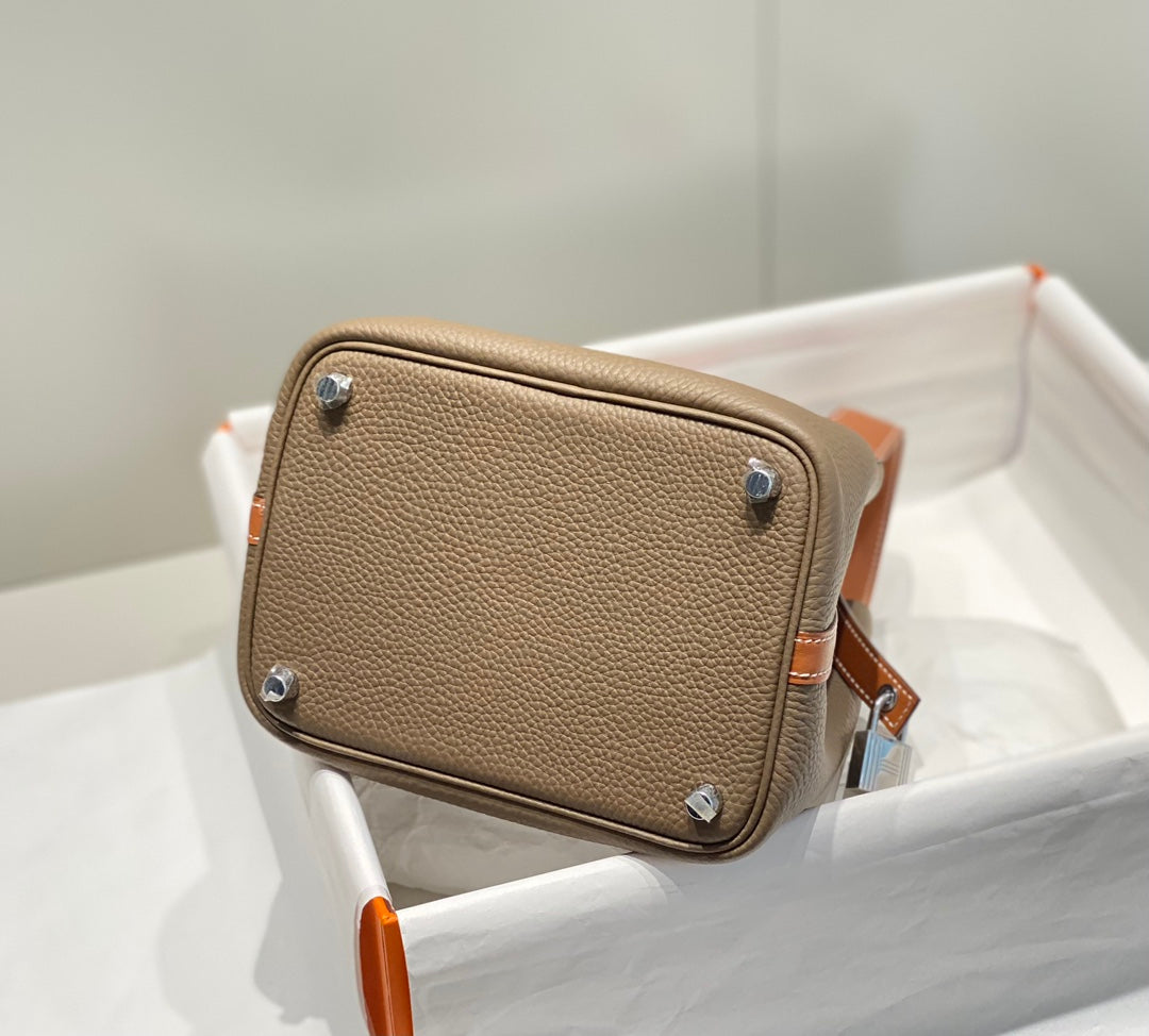 HERMES 25S PICOTIN LOCK 18 IN BURNT ORANGE AND BROWN CALFSKIN SILVER HARDWARE