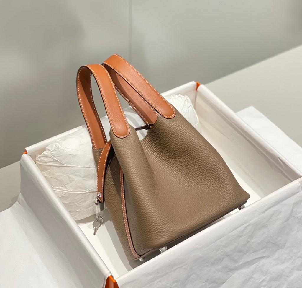 HERMES 25S PICOTIN LOCK 18 IN BURNT ORANGE AND BROWN CALFSKIN SILVER HARDWARE