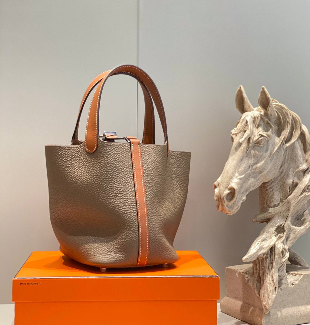 HERMES 25S PICOTIN LOCK 18 IN BURNT ORANGE AND BROWN CALFSKIN SILVER HARDWARE