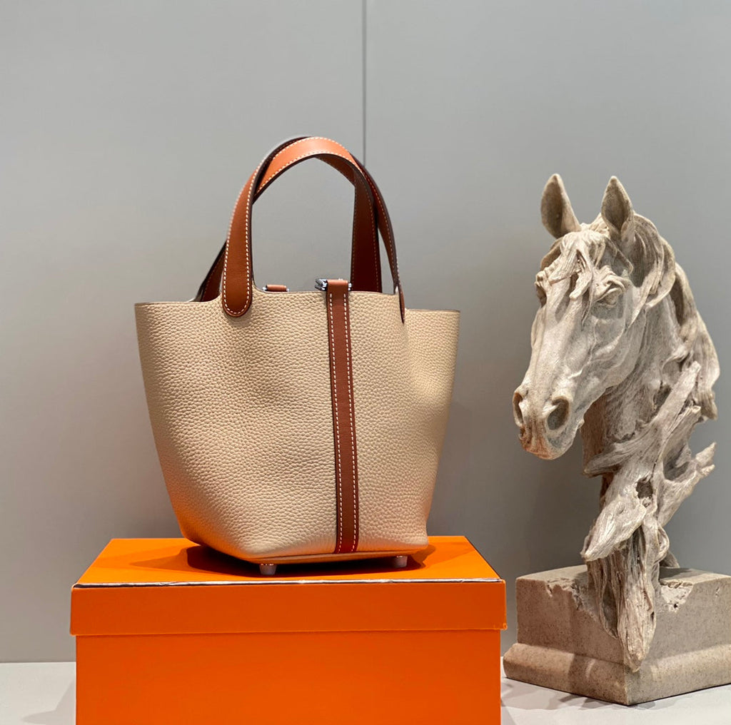 HERMES 25S PICOTIN LOCK 18 IN BURNT ORANGE AND LIGHT BROWN CALFSKIN SILVER HARDWARE