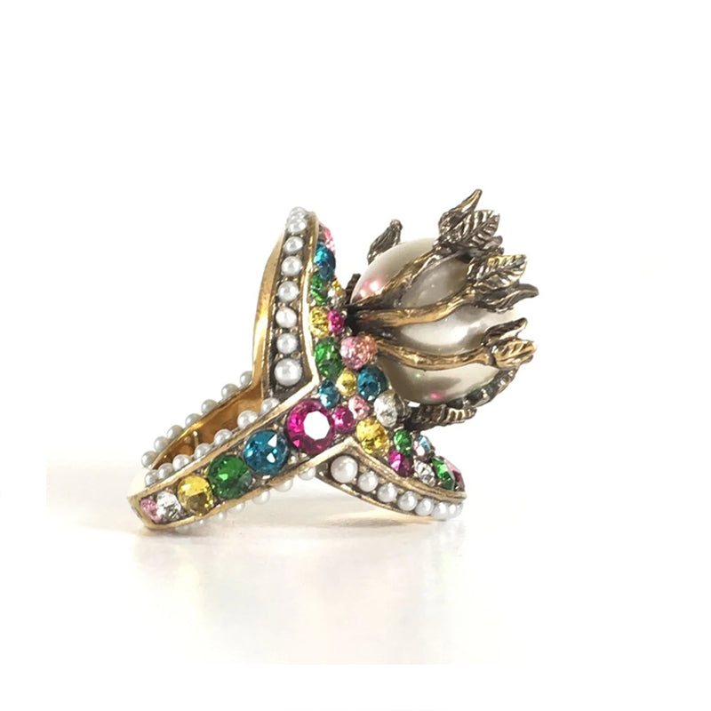 18K Double Gucci Multistone Pearl Ring