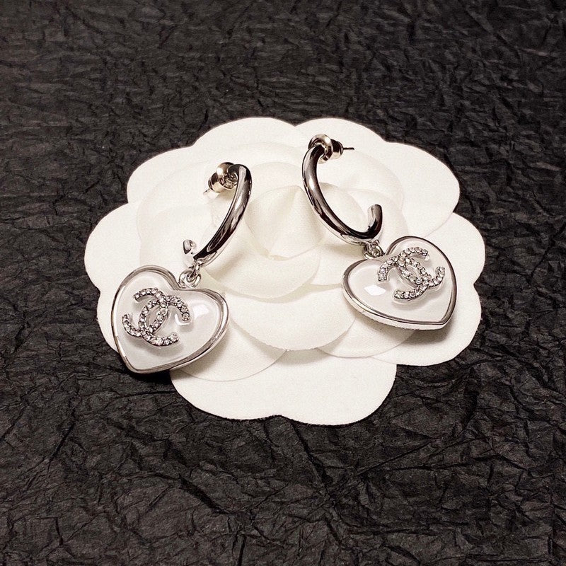 18K  Chanel White Heart Earrings