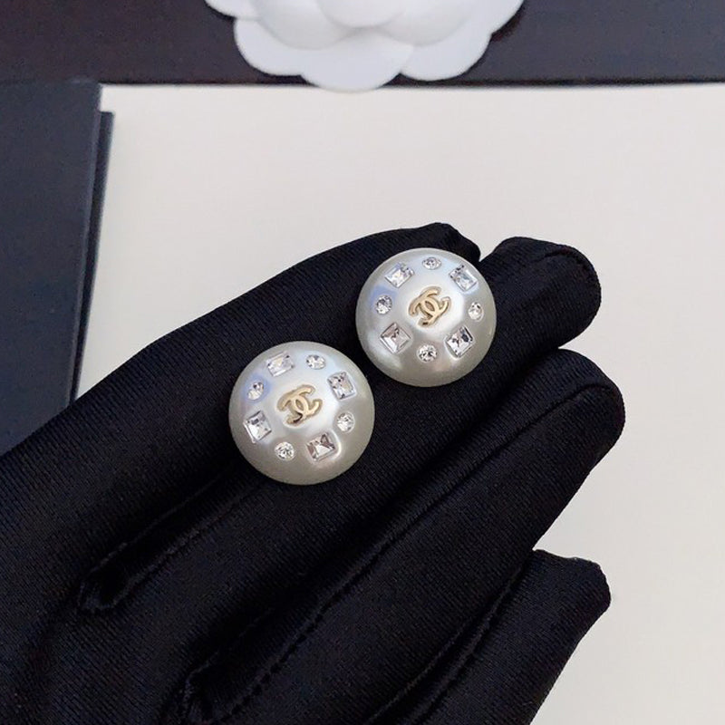 18K  Chanel Pearl Round Crystal Earrings