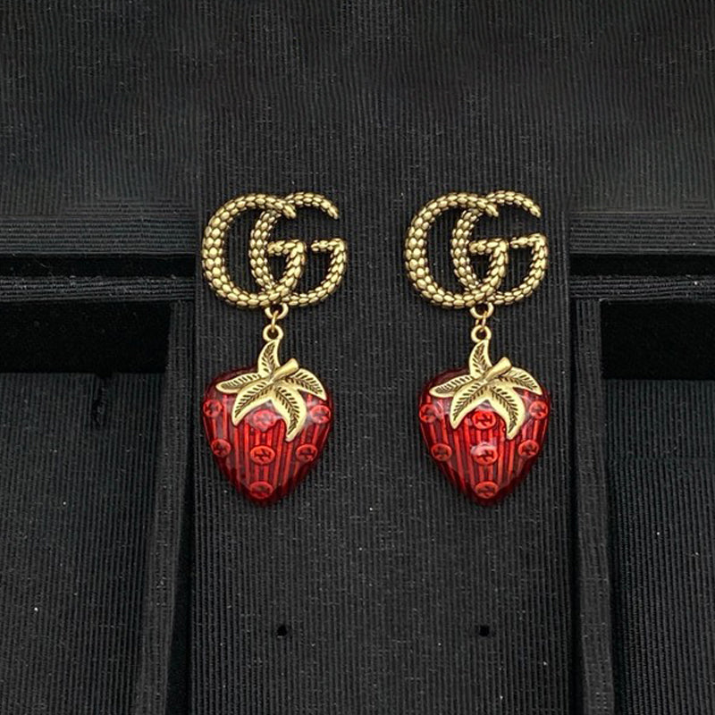 18K Double Gucci Green & Red Berry Earrings