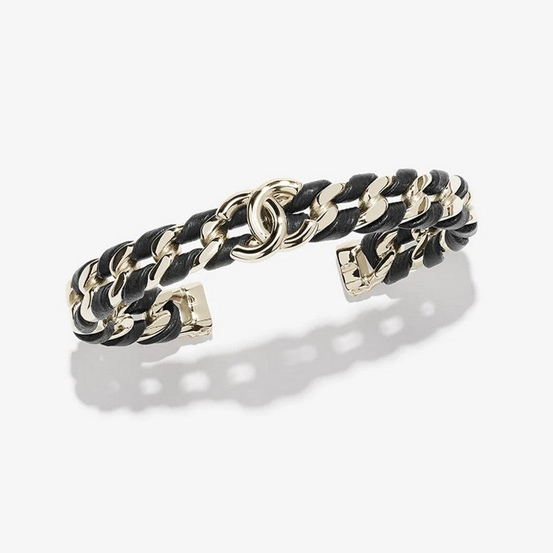 18K  Chanel 26C Black Leather Cuff Bracelet