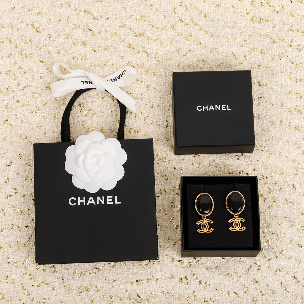 18K  Chanel Black Crystal Pendant Earrings