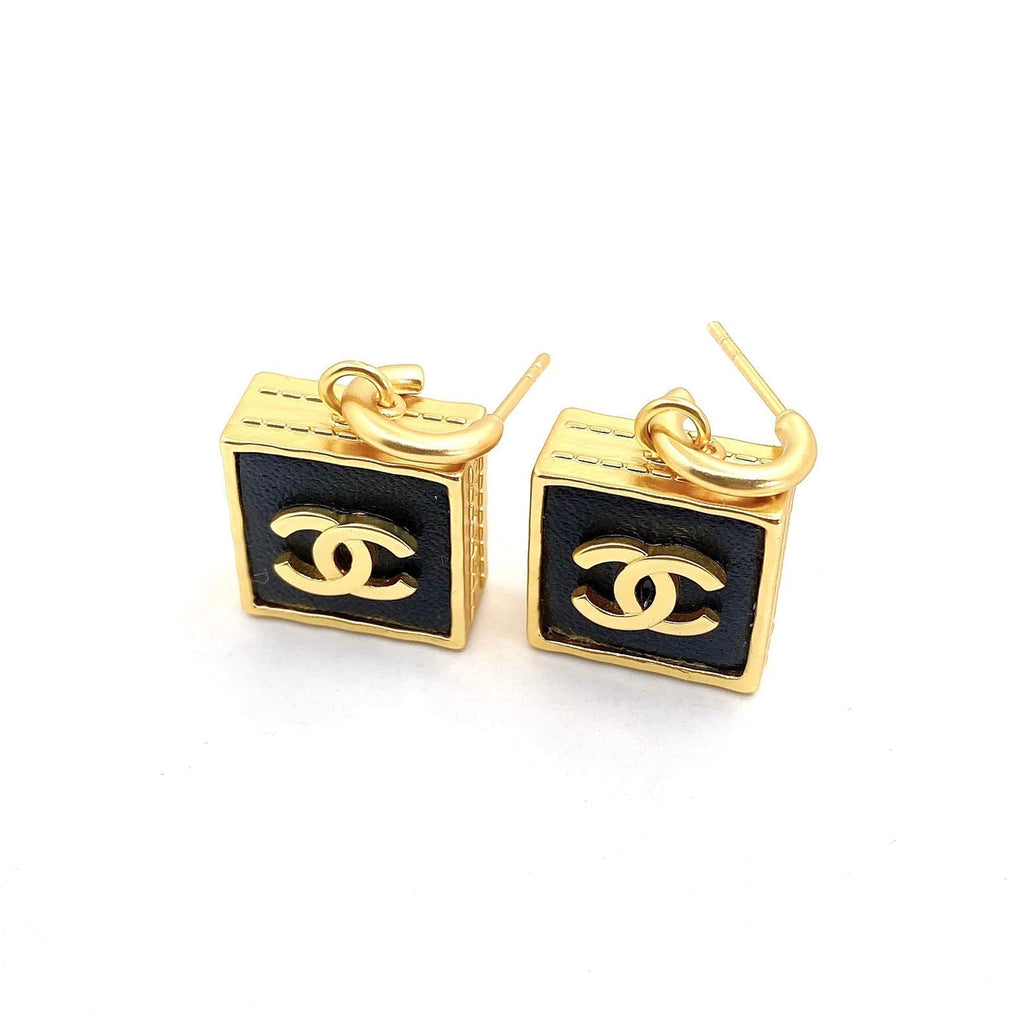 18K  Chanel Black Bag Pendant Earrings
