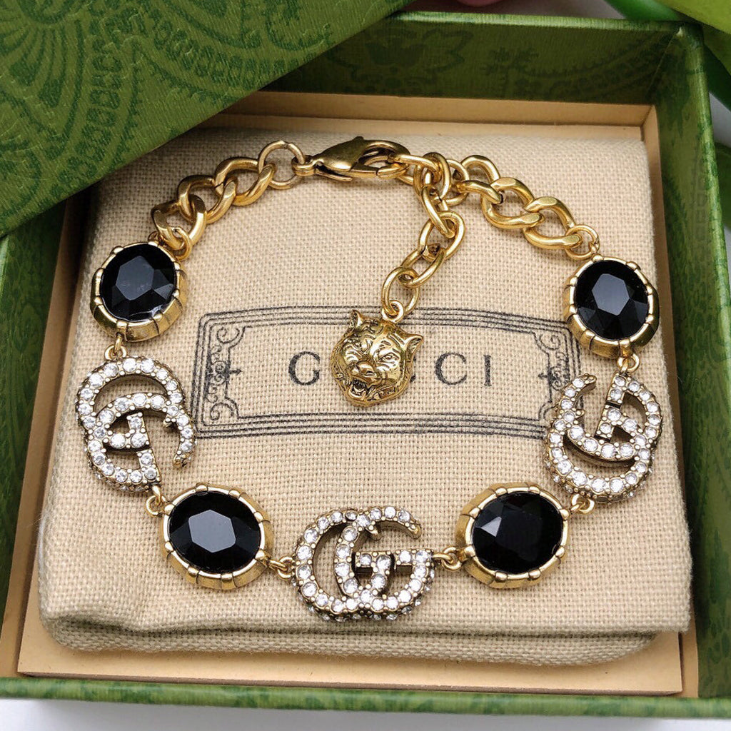 18K Double Gucci Black Stones Chain Bracelet