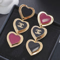 18K  Chanel Black & Red Heart Gold Long Earrings