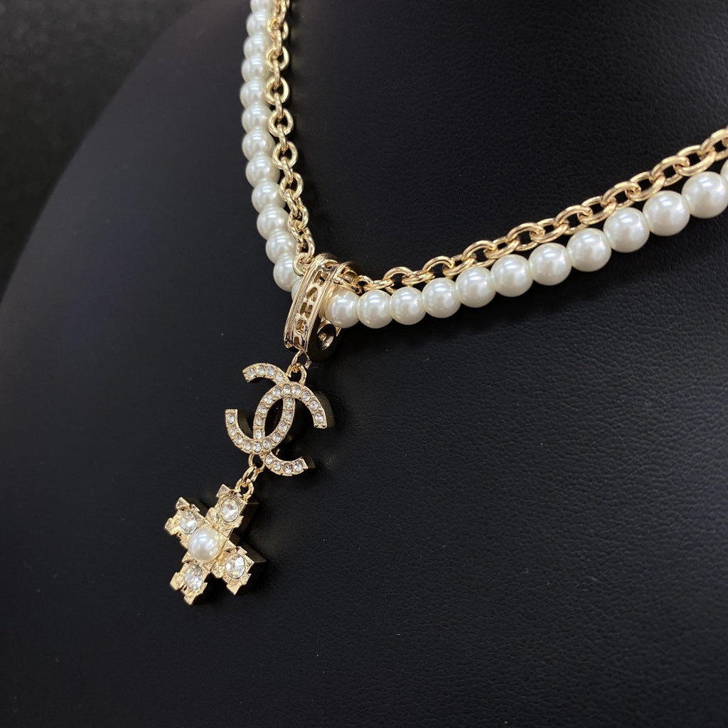 18K  Chanel Cross Diamond Pearl Chain Necklace