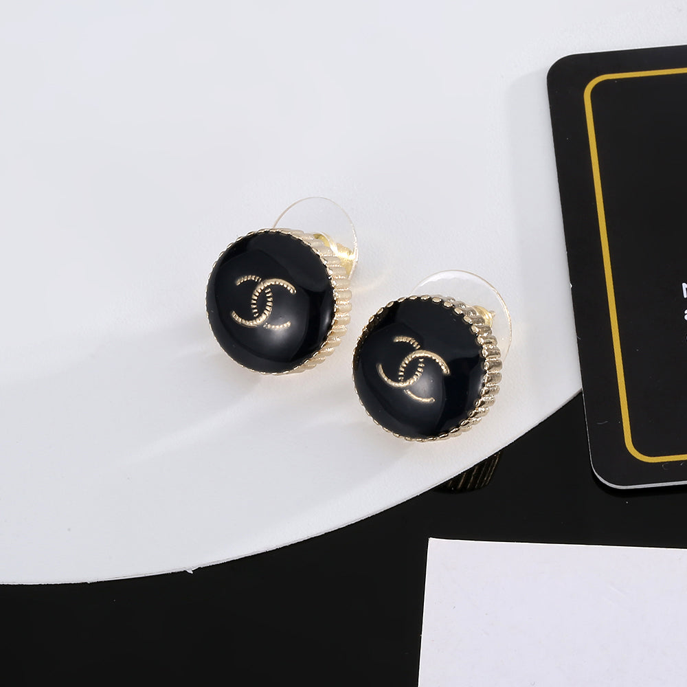 18K  Chanel Circle Black Resin Earrings