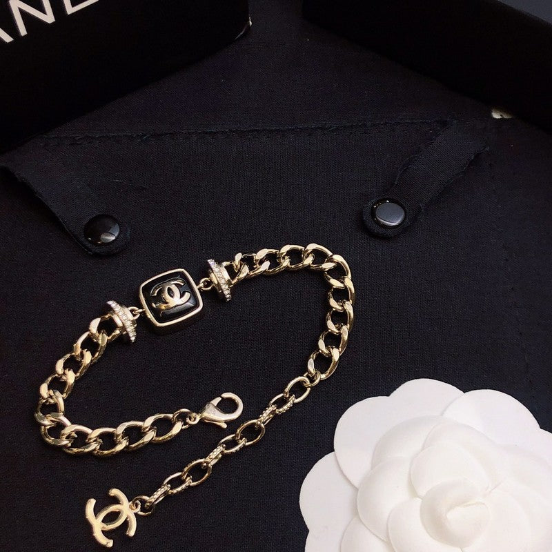 18K  Chanel Black Logo Gold Chain Bracelet