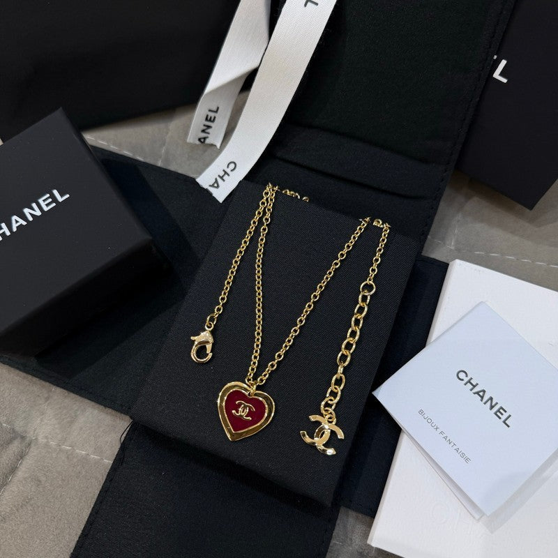 18K  Chanel Black & Red Heart Gold Necklace