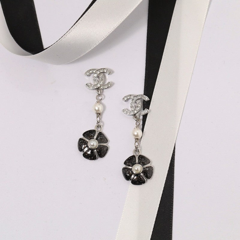18K  Chanel Black & Pink Camellia Diamond Long Earrings