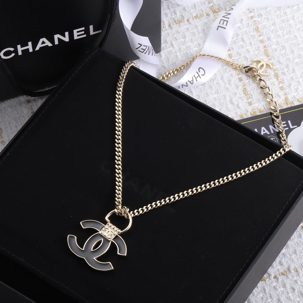 18K  Chanel Black Resin Logo Necklace