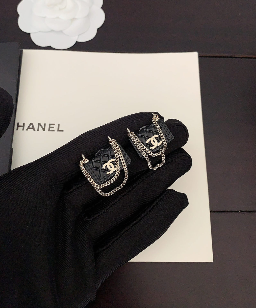 18K  Chanel Black Bag Pendant Earrings