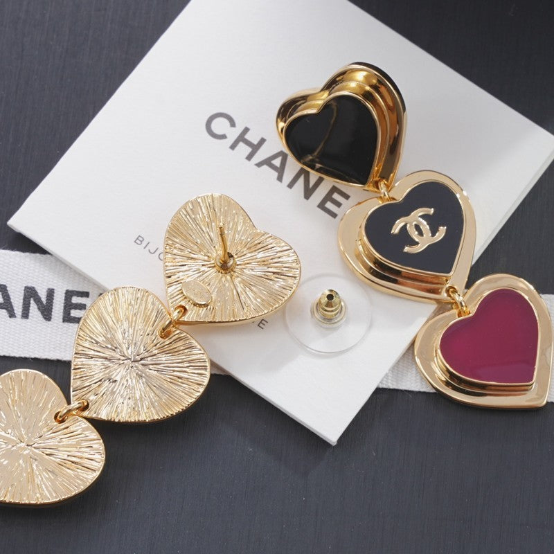 18K  Chanel Black & Red Heart Gold Long Earrings