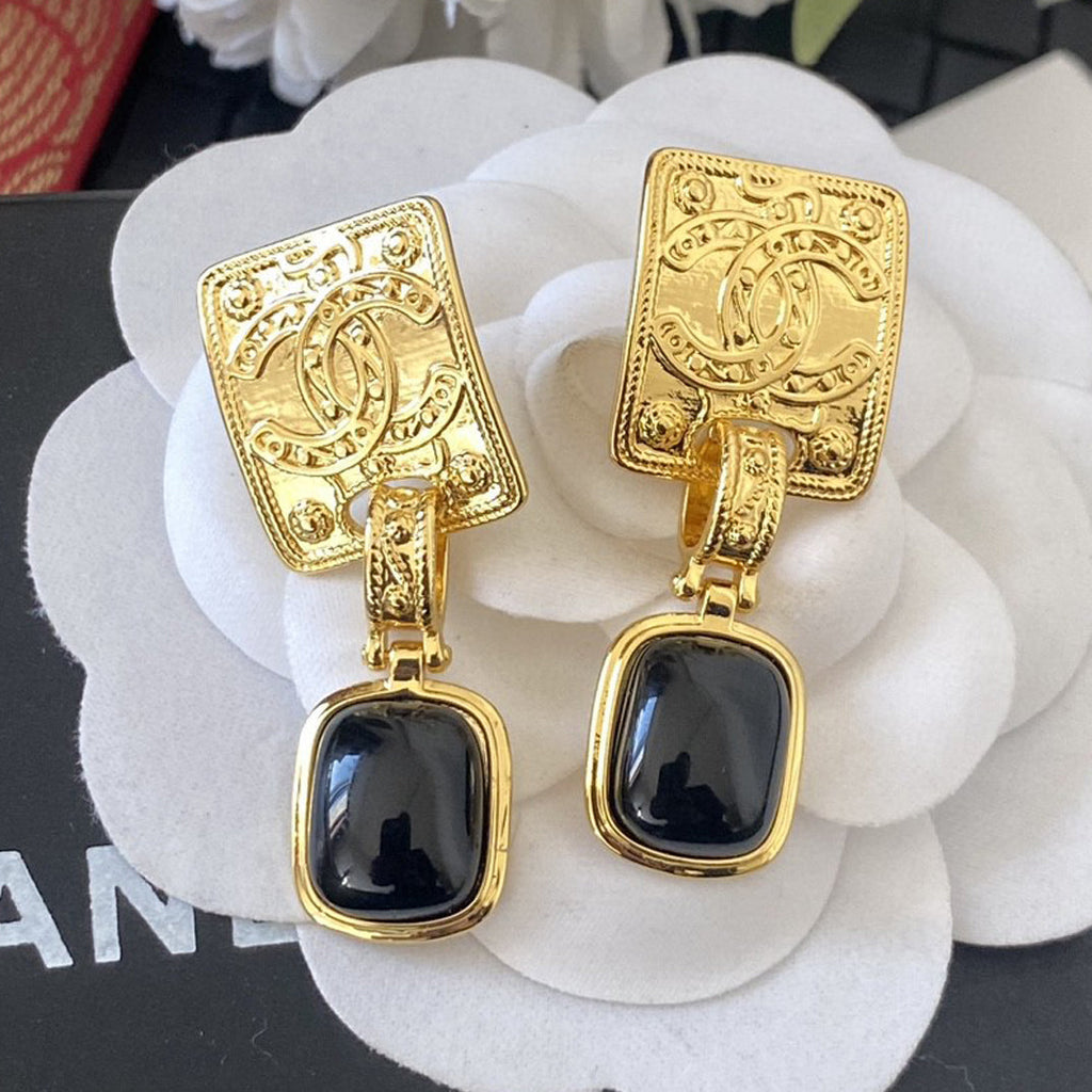 18K  Chanel Black Crystal Earrings