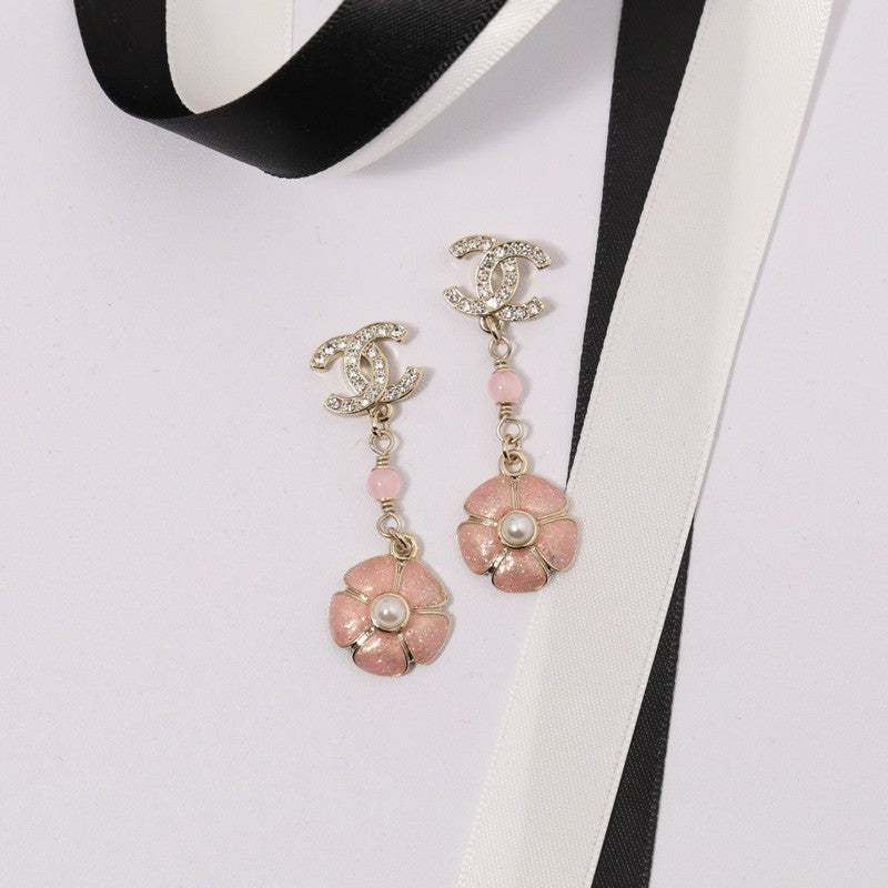18K  Chanel Black & Pink Camellia Diamond Long Earrings