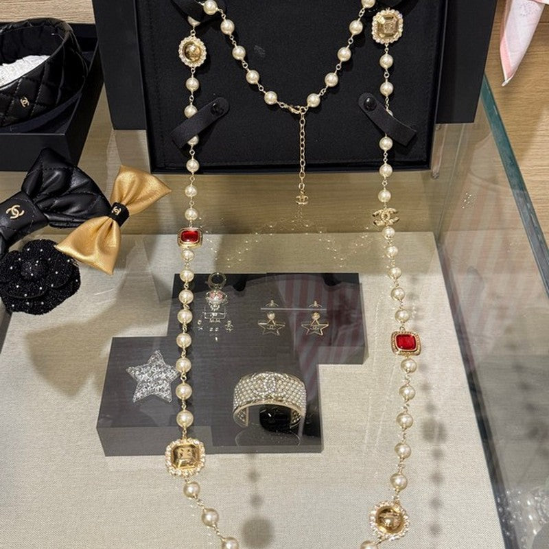 18K  Chanel Long Pearl Red Crystals Necklace