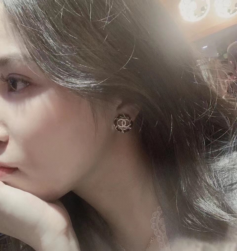 18K  Chanel Black Leather Earrings