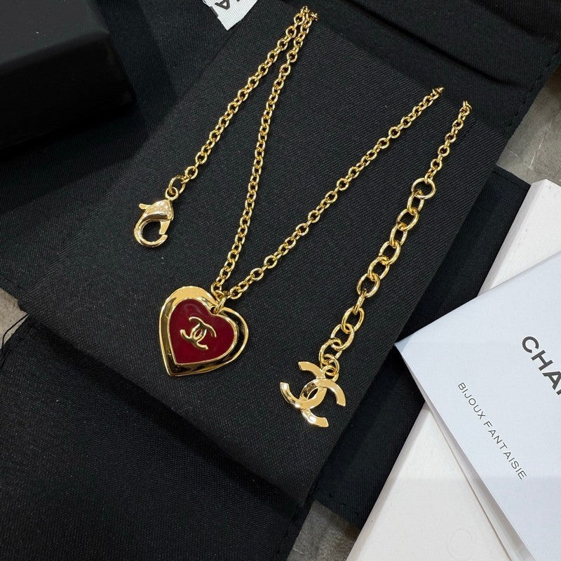 18K  Chanel Black & Red Heart Gold Necklace