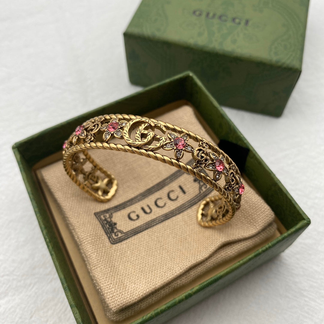 18K Double Gucci Red Crystal Flower Cuff Bracelet