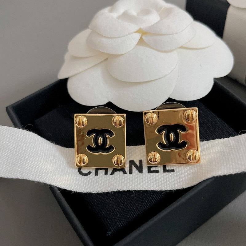 18K  Chanel Black Gold Square Earrings