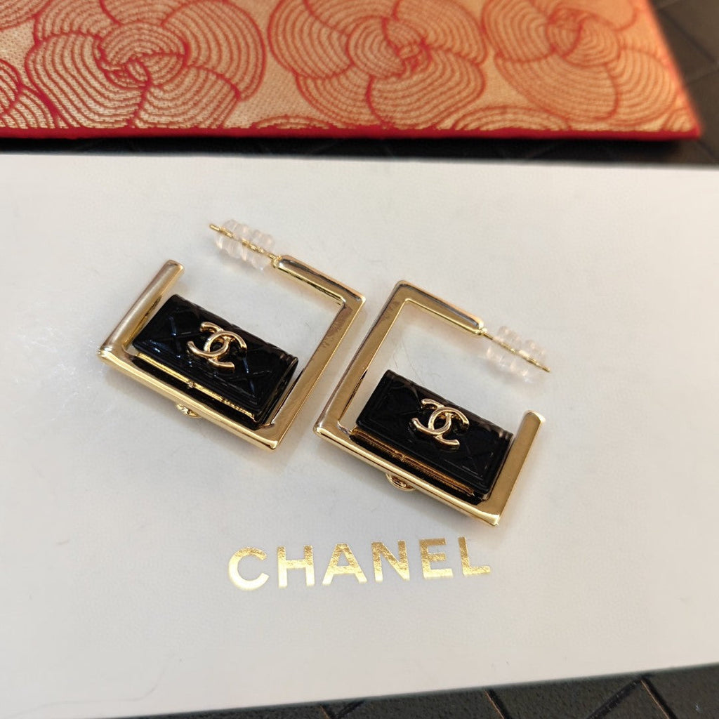 18K  Chanel Black Bag Hoop Earrings