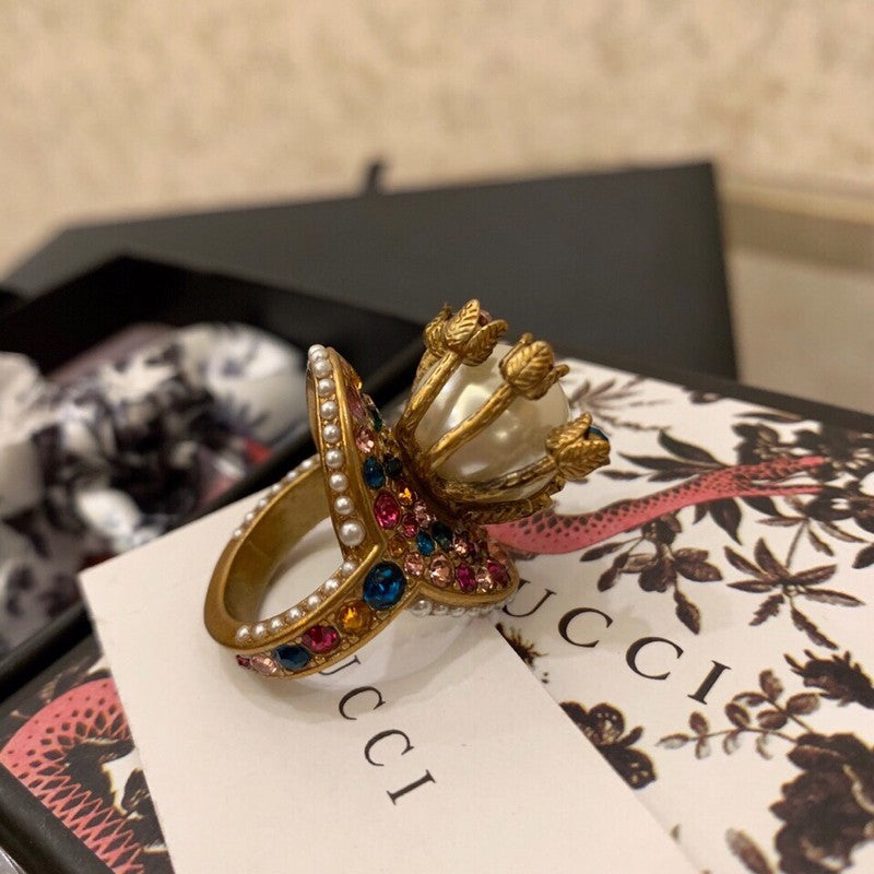 18K Double Gucci Multistone Pearl Ring
