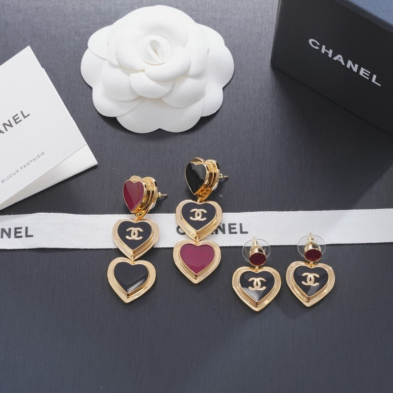 18K  Chanel Black & Red Heart Gold Long Earrings
