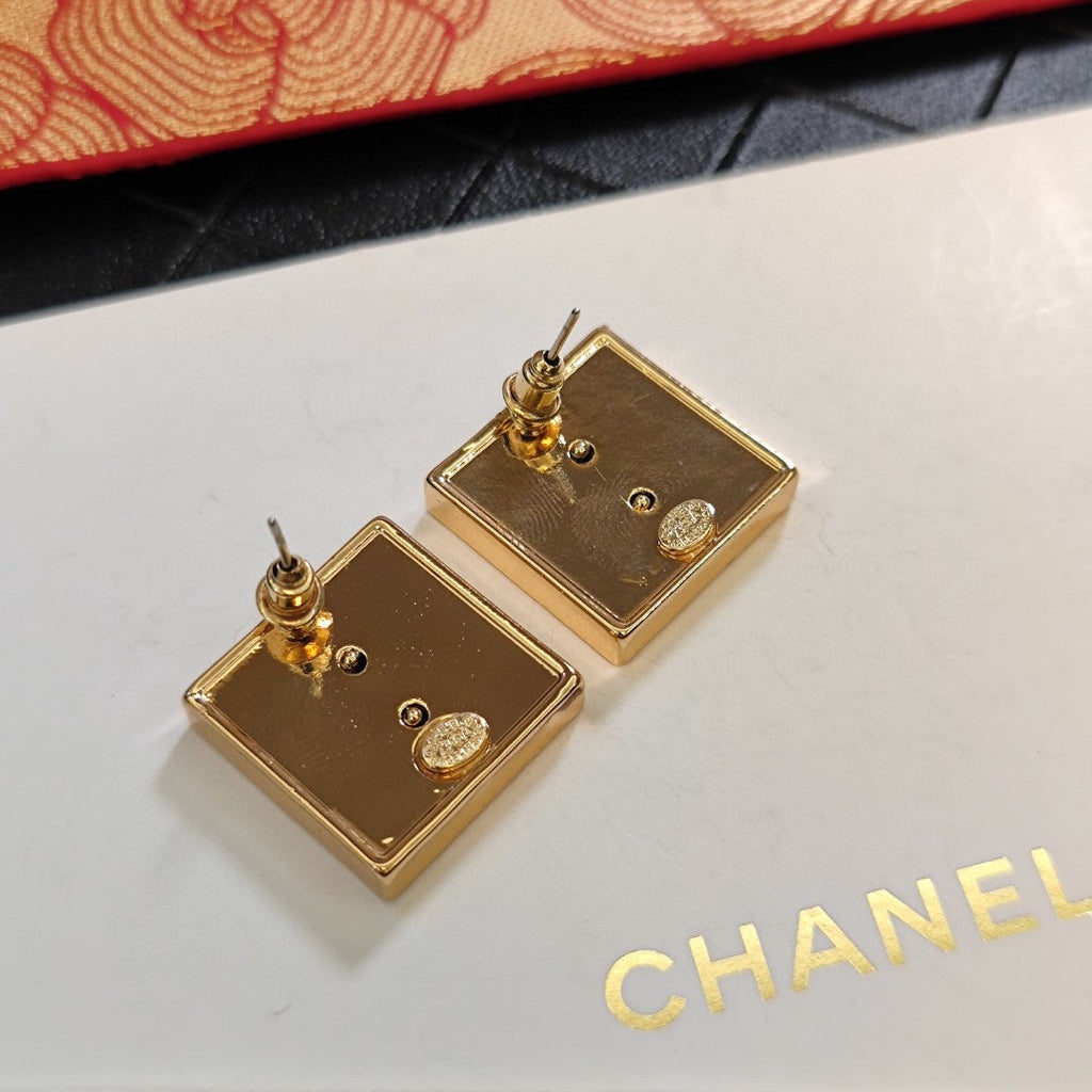 18K  Chanel Black Square Earrings