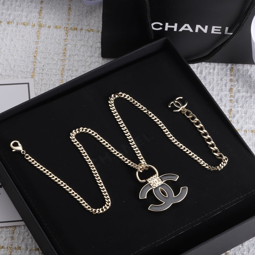 18K  Chanel Black Resin Logo Necklace