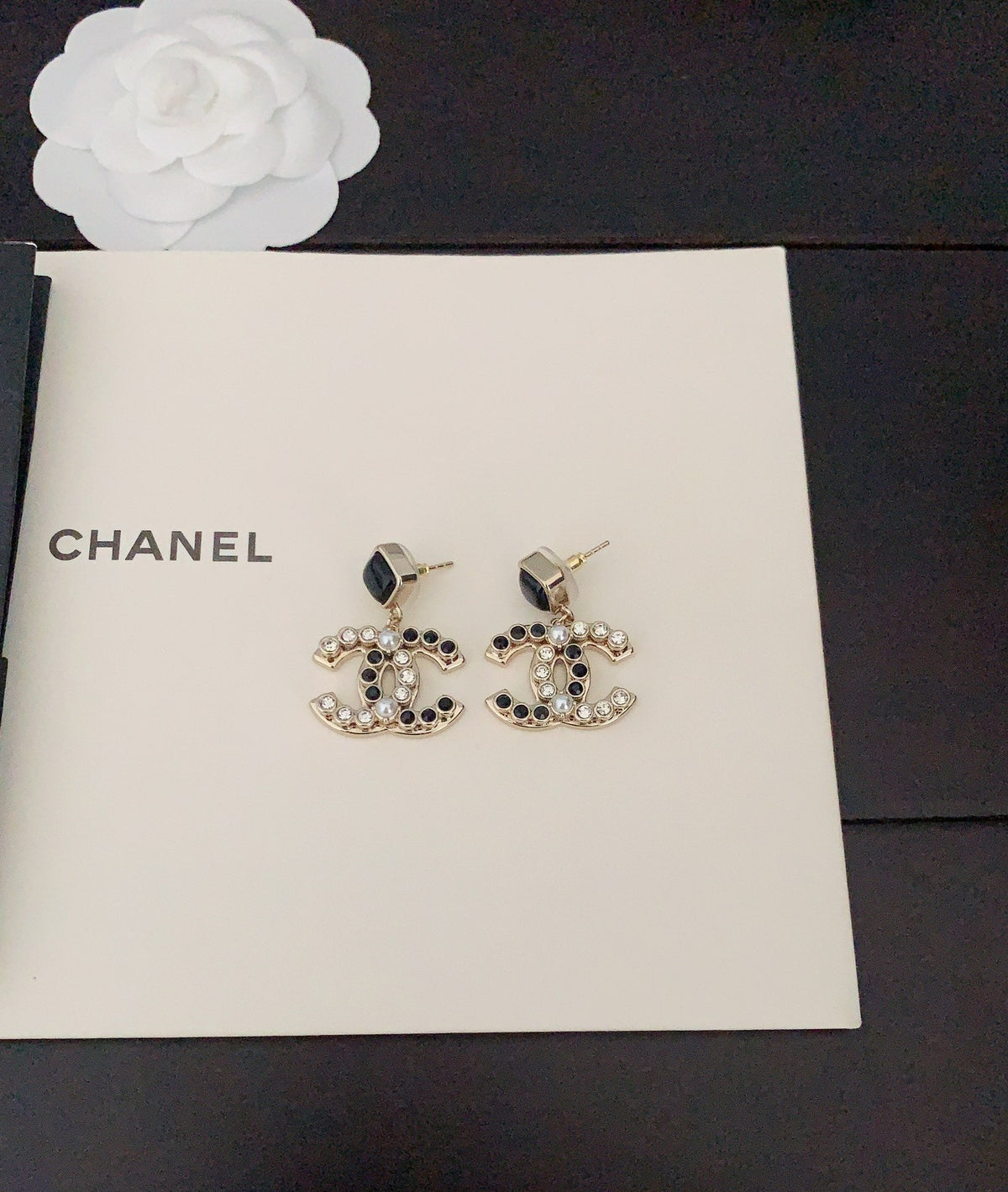 18K  Chanel Black Crystals Earrings