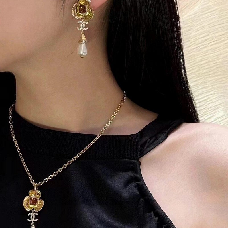 18K  Chanel Camellia Pearl Earrings