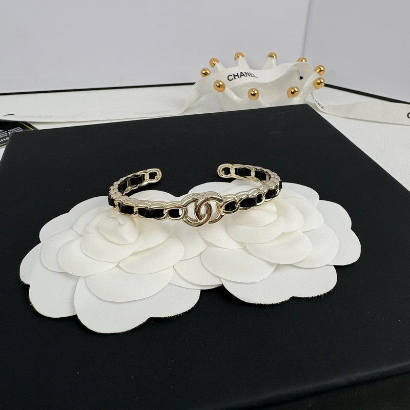 18K  Chanel Black Leather Cuff Bracelet
