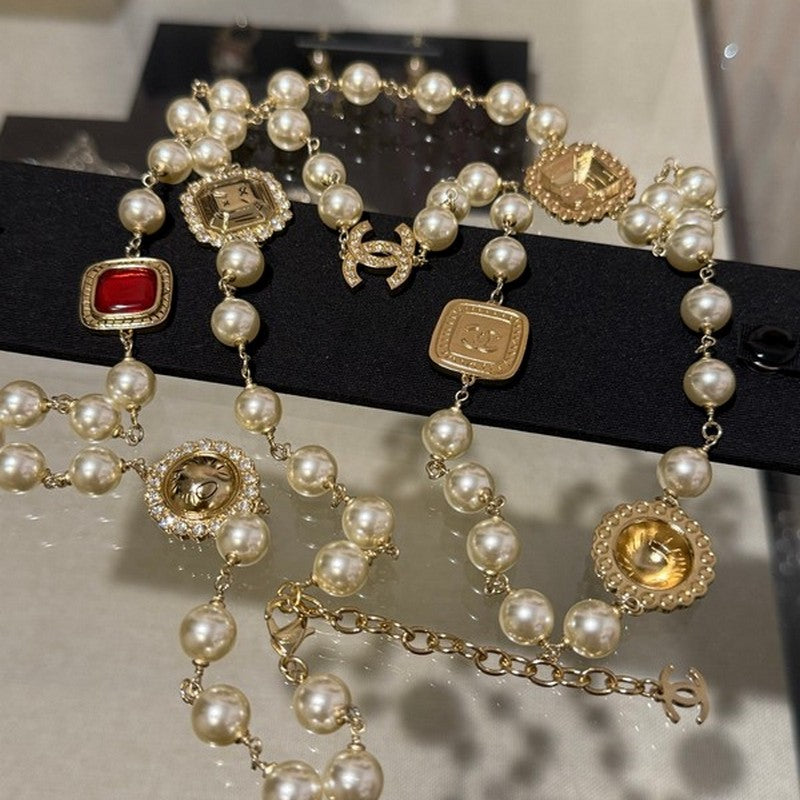 18K  Chanel Long Pearl Red Crystals Necklace