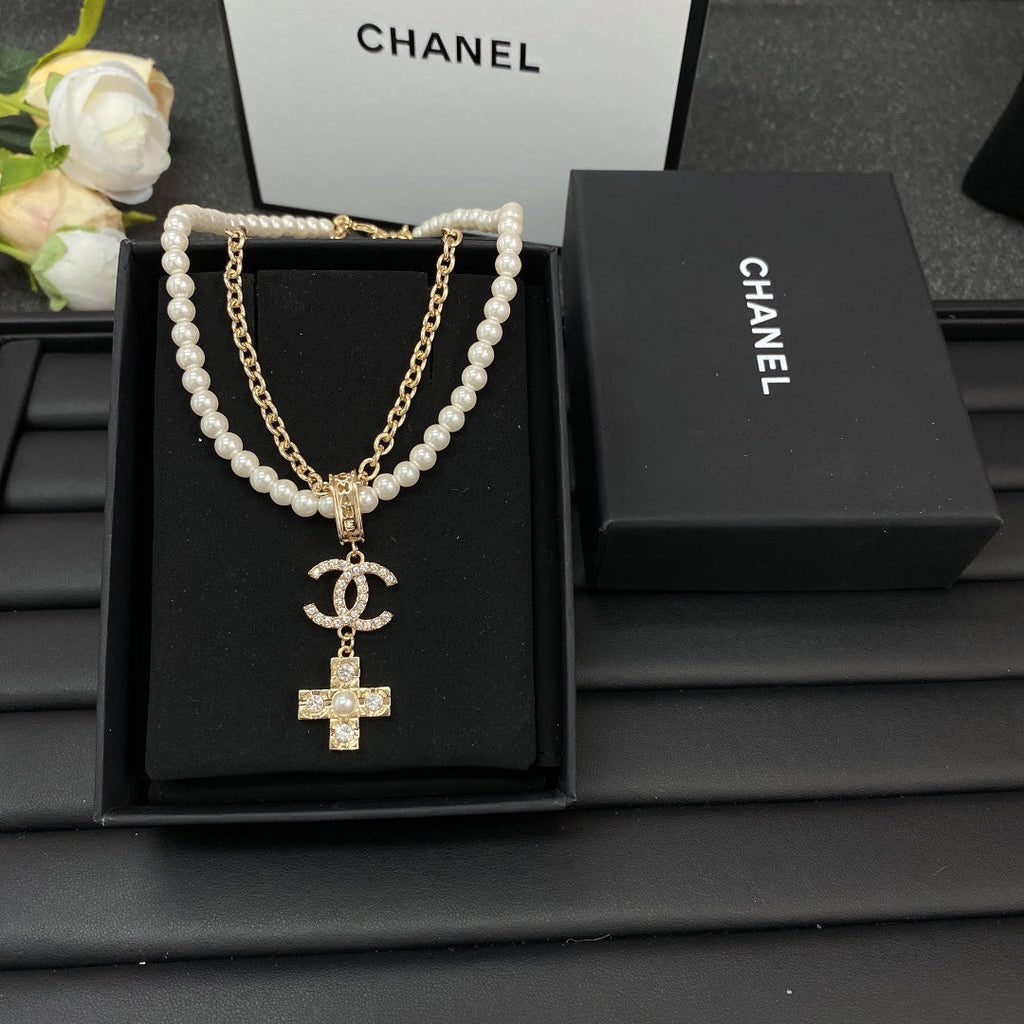 18K  Chanel Cross Diamond Pearl Chain Necklace