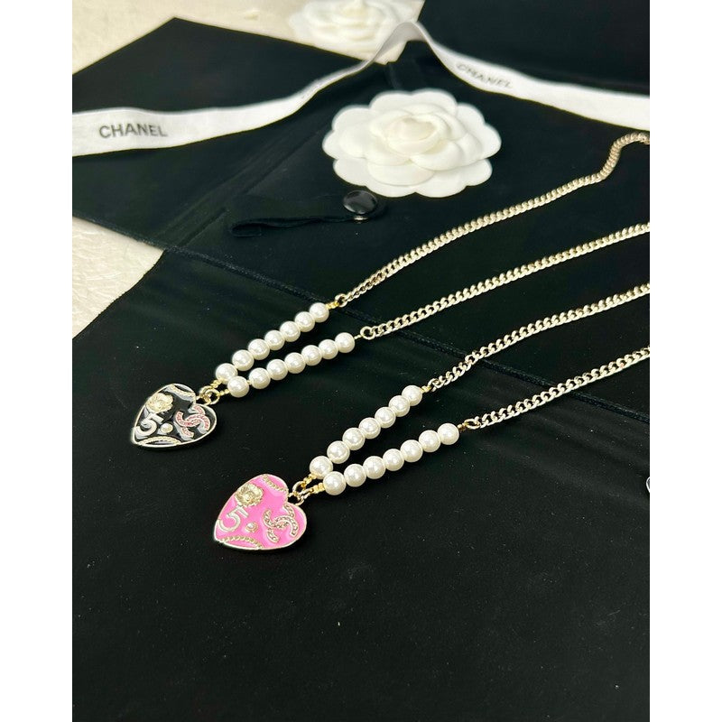 18K  Chanel Pink & Black Heart Pearl Necklace