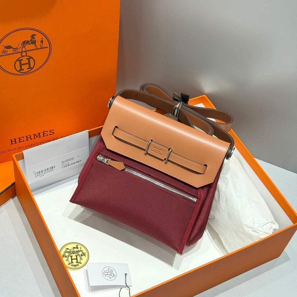 HERMES 25S MINI HERBAG 20 IN PLUM RED CANVAS SILVER HARDWARE