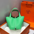 HERMES 25S PICOTIN LOCK 22 IN SPRING GREEN CALFSKIN SILVER HARDWARE