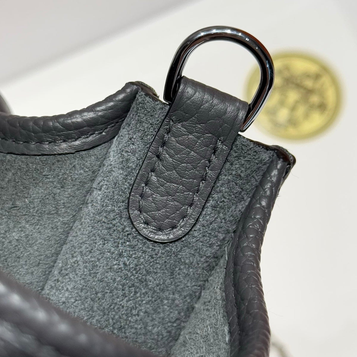 HERMES 25S MINI EVELYNE 18 IN CHARCOAL GRAY PATTERNED STRAP CALFSKIN SILVER HARDWARE