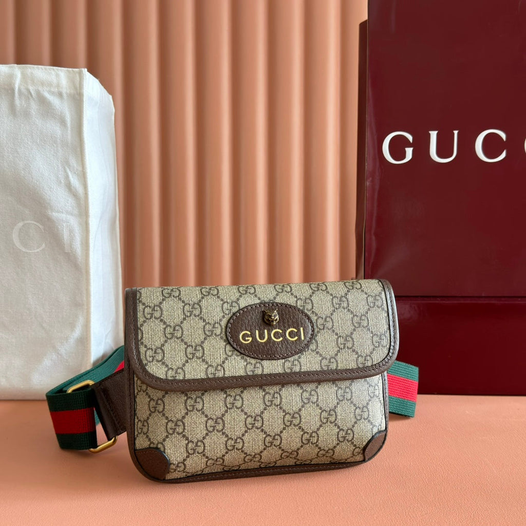 GUCCI NEO VINTAGE TIGER HEAD CROSSBODY BAG 20 IN CANVAS BROWN LEATHER TRIM