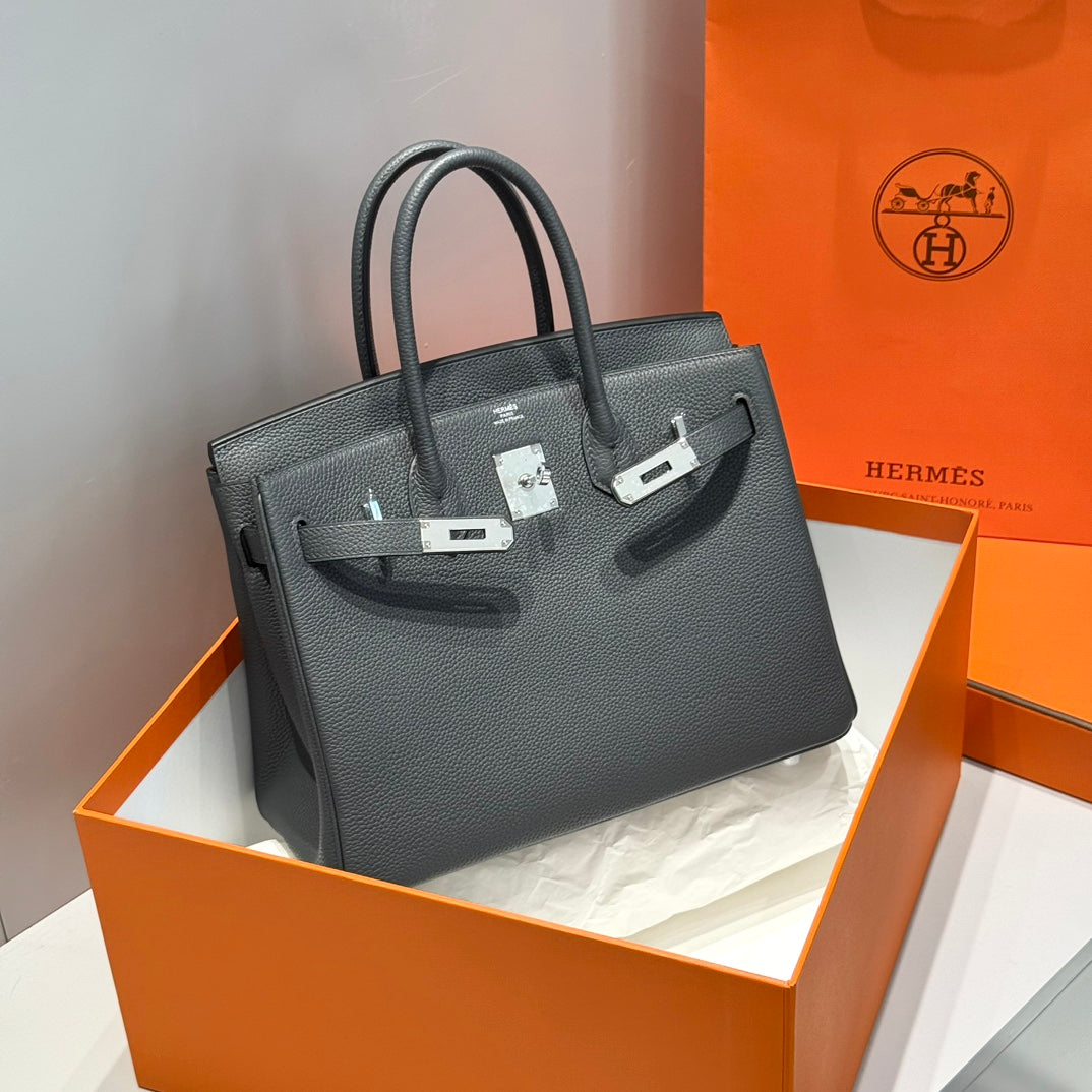 HERMES 25S BIRKIN 30 IN CHARCOAL GRAY CALFSKIN SILVER HARDWARE